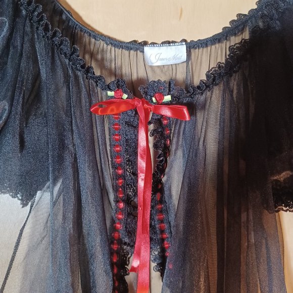 INNER MOST VINTAGE Black Red Ribbon Trim Cap Sleeves Babydoll Robe_Size Medium - Picture 2 of 10